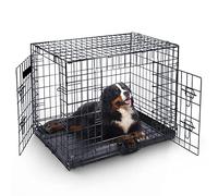 Furdreams 42-Inch Dog Cage Crate - Heavy Duty Black Metal Folding Crate with 2 Doors (Front & Side), Chew-Resistant Plastic Base Tray, and Carrier Handle - Ideal for Puppy Training (107 x 68.5 x 77cm)