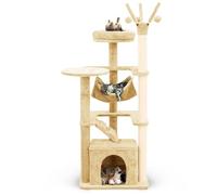 Furdreams Cat Tree with Hammock, Ladder, Pompoms & Hideaways - Perfect Multi-Level Climbing House for Cat Activity, Play & Relaxation Center - Ideal for Indoor Cats - Easy Assembly (132x45x50cm) Cream