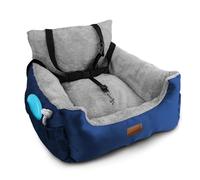Furdreams Dog Car Seat, Plush & Cosy Pet Car Booster Seat for Small Dogs & Cats with Storage Pocket, Dog Bed with Safety Leash, Waterproof Liner & Non-Slip Base Travel Bed, 50x50x20cm (Navy/Grey)