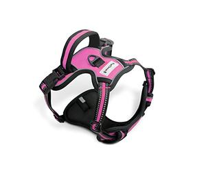FurDreams Dog Harness - Secure Padded Vest Harness, Comfortable Material with Reflective Strips, Non-Restrictive, No Choke Fit with 4 Adjustable Straps, No Pull, Clip On Easy (Large, Pink)