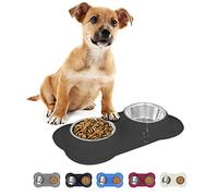 FurDreams Twin Dog & Cat Bowls - Bone Shaped Feeding Mat with Two Stainless Steel Dishes | Food & Water Pet Bowls 200ml | Durable Silicone Non-Slip Feeder Tray with Anti-Spill Design (Black)