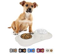 FurDreams Twin Dog & Cat Bowls - Bone Shaped Feeding Mat with Two Stainless Steel Dishes | Food & Water Pet Bowls 200ml | Durable Silicone Non-Slip Feeder Tray with Anti-Spill Design (White)