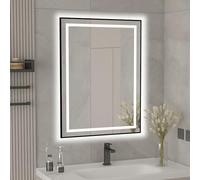 furduzz Bathroom LED Mirror with Black Frame, 600 x 800 mm Wall-Mounted Vanity Mirror with Front and Backlit Lights, Memory Function, Dimmable, Anti-Fog Hanging Makeup Mirror (Horizontal/Vertical)