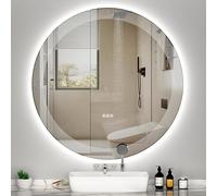 furduzz Round LED Bathroom Mirror, 800mm Wall Mounted Vanity Mirror with Anti-Fog, 3 Colors, Memory, Dimmable, IP44 Waterpoof, Touch Switch(White Stripes Patterned)