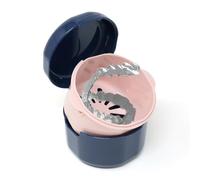 FUREIN SMILE 1Pack Denture Bath Case Portable Denture Soak Container Mouth Guard Storage Box with Pale Pink Strainer Basket for Travel Cleaning, Sapphire Blue