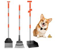 Furggis 3 Pack Metal Pet Poop Scoop,Tray and Rake,Adjustable Long Handle with Bin for Pet Waste Removal,No Bending Poop Scooper Perfect for Large Medium Small Dogs
