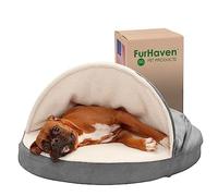 Furhaven 35" Round Memory Foam Dog Bed for Large/Medium Dogs w/Removable Washable Cover, For Dogs Up to 50 lbs - Sherpa & Suede Snuggery - Gray, 35-inch