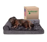 FurHaven Cooling Gel Dog Bed for Medium/Small Dogs w/Removable Bolsters & Washable Cover, For Dogs Up to 35 lbs - Plush & Velvet L Shaped Chaise - Platinum Gray, Medium, 30.0" L x 20.0" W x 6.0" Th