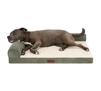 FurHaven Large (36"x27") Cooling Gel Dog Bed - Plush & Grid Cord L-Shaped Chaise Lounge Pet Bed, Removable Washable Cover, Olive