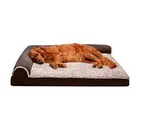 FurHaven Large Memory Foam Dog Bed Two-Tone Faux Fur & Suede L Shaped Chaise w/Removable Washable Cover - Espresso, Large