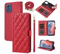 Furiet Argyle Wallet Case for Motorola Moto G Play 4G 2024 with Detachable Wrist/Shoulder Strap, Card Slots Folio Purse, Luxury PU Leather Stand Phone Cover for XT2413V XT2413-1 64GB Women Men Red