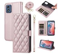 Furiet Argyle Wallet Case for Motorola Moto G Play 4G 2024 with Detachable Wrist/Shoulder Strap, Card Slots Folio Purse, Luxury PU Leather Stand Phone Cover for XT2413V XT2413-1 64GB Women Men Pink