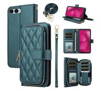 Furiet Argyle Wallet Case for T-Mobile Revvl 8 5G with Wrist/Shoulder Strap, Card Slots Zipper Purse PU Leather Stand Phone Cover for Tmobile Revvl8 T Mobile Revel Tmo Revell Rebel Women Green