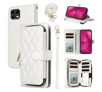 Furiet Argyle Wallet Case for T-Mobile Revvl 8 Pro 5G with Wrist/Shoulder Strap, Card Slot Zipper Purse PU Leather Stand Phone Cover for Tmobile T Mobile Revel Tmo Revell Rebel Women Girls White