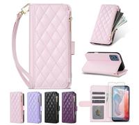 Furiet Argyle Wallet Cover for Motorola Moto G Play 4G 2024 with Screen Protector Wrist Strap, Card Slots Folio Purse Luxury PU Leather Card Holder Stand Phone Case for XT2413V XT2413-1 64GB Pink