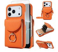 Furiet for iPhone 17 Pro 6.3 inch Organ Wallet Case with Tempered Glass Screen Ring Buckle Shoulder Strap, Luxury PU Leather Flip Purse Card Holder Stand Phone Cover for i Phone17 i17 17Pro Orange