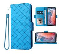 Furiet Wallet Case for Motorola Moto G Play 2024 4G with Wrist Strap Grid Luxury PU Leather Flip Card Holder Purse Slot TPU Full Body Shockproof Phone Cover for XT2413V XT2413-1 64GB Women Men Blue