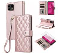 Furiet Wallet Case for T-Mobile Revvl 8 Pro 5G with Tempered Glass Screen Protector PU Leather Wrist Strap Stand Card Holder Protective Cell Accessories Phone Cover Revvl8pro Women Men Rose Gold