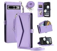 Furill For Google Pixel 7 Pro Wallet Case Card Holder Shoulder Strap Stand | Shockproof Soft Protection with Wrist Strap PU Leather Snap Pocket Cell Accessories Magnetic Kickstand Phone Cover Purple