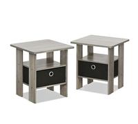 Walplus Furinno Andrey End Table Nightstand With Bin Drawer, French Oak Grey/black, Set Of 2