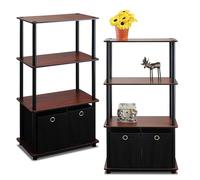 Furinno GO GREEN Storage Shelf Set of 2, 4-Tier Storage Rack with Bins, Book Shelf, Display Rack, with Storage Bins, for Organization and Storage, Living Room, Home Office, Dark Cherry