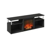 Furinno Jensen Open Storage No Heat Decorative Electric Fireplace Corner TV Stand, Entertainment Center for TV up to 70 Inch with Stainless Steel Tubes, Americano/Stainless Steel