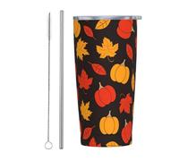 FuriTou Happy Thanksgiving Day with Leaves Pumpkin Stainless Steel Insulated Tumbler 20 Oz Coffee Mug Travel Cup Water Bottle With Lid Straw
