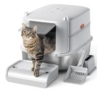 Furkid Stainless Steel Cat Litter Box with Lid, XL Extra Large Litter Box for Big Cats, Enclosed Metal Kitty Litter Box with High Sided Enclosure & Scoop, Anti-Leakage, Non-Sticky, Easy Cleaning Gray