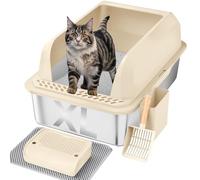 Furkid Stainless Steel Cat Litter Box with Lid, XL Large Litter Box for Big Cats, Enclosed Kitty Litter Pan with High Sides, Anti-Leakage&Non-Stick, Easy to Clean, Included Scoop, Aisle and Mat Beige