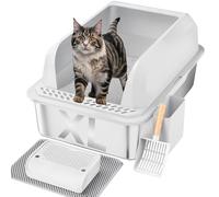 Furkid Stainless Steel Cat Litter Box with Lid, XL Large Litter Box for Big Cats, Enclosed Kitty Litter Pan with High Sides, Anti-Leakage&Non-Stick, Easy to Clean, Included Scoop, Aisle and Mat White