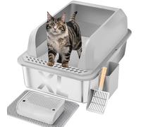 Furkid Stainless Steel Cat Litter Box with Lid, XL Large Litter Box for Big Cats, Enclosed Kitty Litter Pan with High Sides, Anti-Leakage & Non-Stick, Easy to Clean, Included Scoop, Aisle and Mat