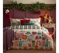 furn. All Wrapped Up Duvet Cover Set - Reversible Christmas Bedding with Presents and Stripe Design (Emerald/Red - Double)