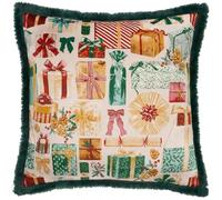 furn. All Wrapped Up Polyester Filled Cushion - Festive Velvet Pillow with Faux Fur Trim (Emerald/Red - 50x50cm)