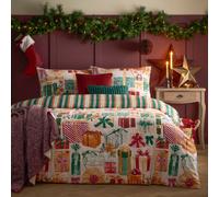 furn. All Wrapped Up Duvet Cover Set - Reversible Christmas Bedding with Presents and Stripe Design (Emerald/Red - Super King)