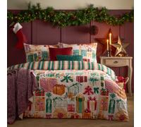furn. All Wrapped Up Duvet Cover Set - Reversible Christmas Bedding with Presents and Stripe Design (Emerald/Red - Double)