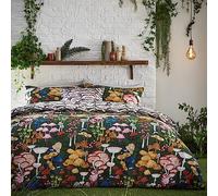 furn. Amanita Duvet Cover Set - Hand-Painted Printed Colourful Mushroom Reversible Bedding (Forest Green - King)