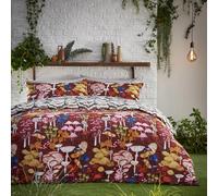 furn. Amanita Duvet Cover Set - Hand-Painted Printed Colourful Mushroom Reversible Bedding (Redwood - Double)