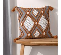 furn. Aquene Charcoal and Brick Tufted Tasselled Cushion - Size: 50 x 50cm - Multi - Wilko