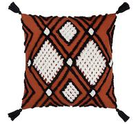 furn. Aquene Polyester Filled Cushion - Diamond Tufted Geometric Cotton Tassel Corner Pillow (Brick/Black - 50x50cm)