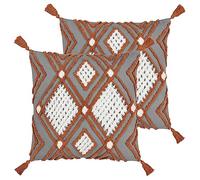 furn. Aquene Tufted Tasselled Polyester Filled Cushion - Twin Pack, Charcoal/Brick, 50 x 50cm