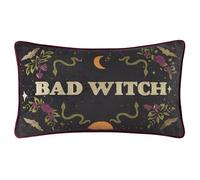 Furn Bad Witch Feather Filled Cushion - Reversible Halloween Embroidered Velvet Decorative Pillow with Metallic Thread (Black Magic - 30x50cm)