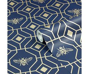 furn. Bee Deco Geometric Printed Wallpaper, Dark Blue | A honeycomb inspired geometric design with buzzing bumble bees