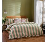 Wylder Birdie Stripe Duvet Cover Set - Reversible Cotton Rich Frilled Cottagecore Stripe Design with Ruffle Trim (Pink/Green - King)
