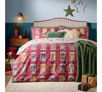 furn. Christmas Eve Duvet Cover Set (Cranberry - King) | Reversible Seasonal Festive Christmas Window Scene Easycare Polycotton Bedding