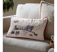 furn. Cotswold Christmas Polyester Filled Cushion - Festive Winter Village Scene Velvet Embroidered Pillow (Cream/Burgundy - 30x50cm)