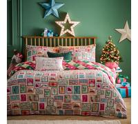 Furn. Dear Santa Duvet Cover Set - Reversible Geometric Christmas Bedding with Stamps Design (Multicolour - Super King)