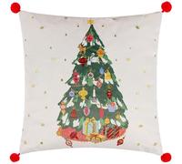 furn. Deck The Halls Polyester Filled Cushion (Multicolour - 43x43cm) | Christmas Tree Vintage Ornaments Gold Embroidered Pom Pom Trim Festive Pillow