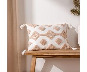 furn. Dharma Tufted Tasselled Feather Filled Cushion - Twin Pack, Natural, 35 x 50cm