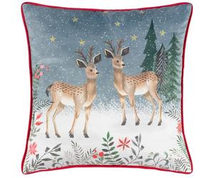 furn. Ditsy Reindeer Feather Filled Cushion (Multicolour - 45x45cm) | Christmas Reindeer Snowfall Trees Winter Floral Scene Embroidered Stars Festive Pillow