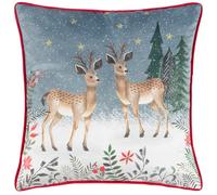 furn. Ditsy Reindeer Polyester Filled Cushion (Multicolour - 45x45cm) | Christmas Reindeer Snowfall Trees Winter Floral Scene Embroidered Stars Festive Pillow